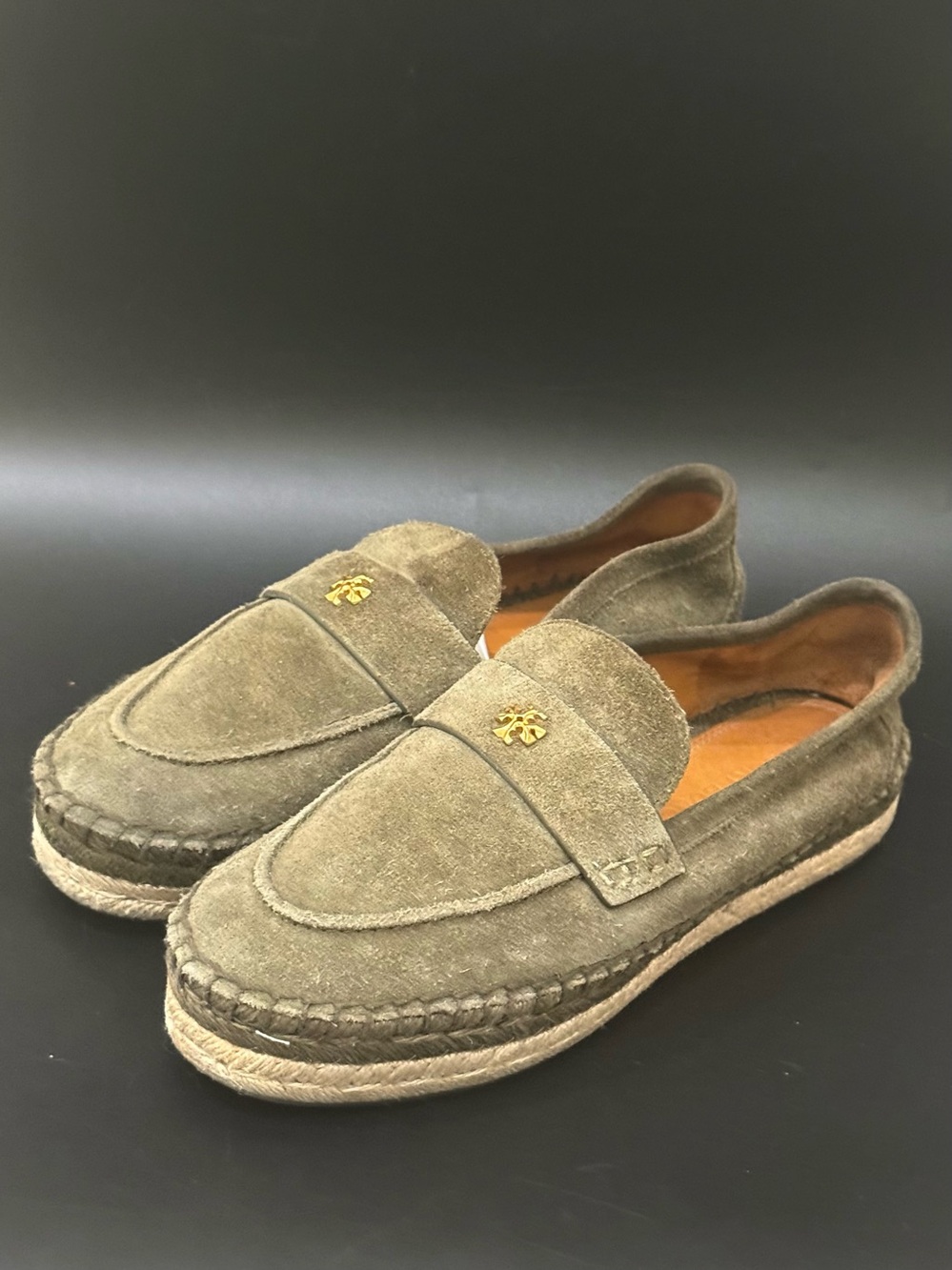 TORY BURCH Seaside Olive Green Suede Leather Loafer Espadrilles Size 7.5M